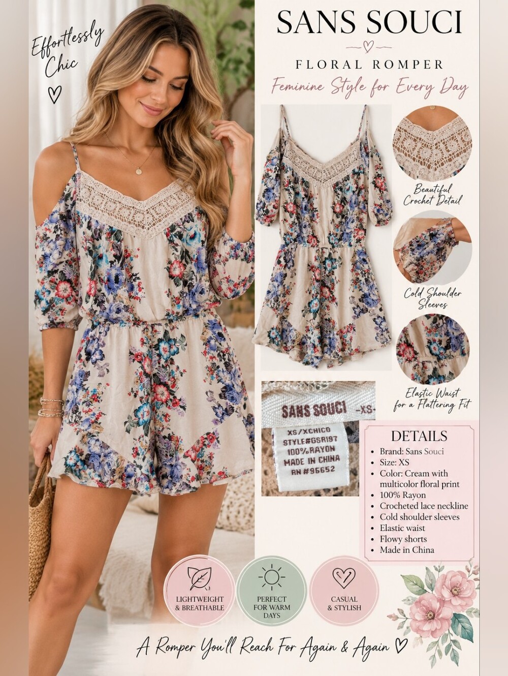 Sans Souci Cream Floral Romper with Crochet Lace Neckline
